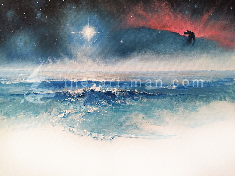 nebula, stars, acrylics, painting, art, artwork, ocean, beach