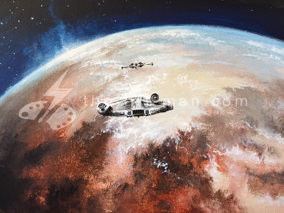 starwars, tattoine, millennium falcon, acrylics, painting, art, artwork, ocean, beach, landscape, landscapes